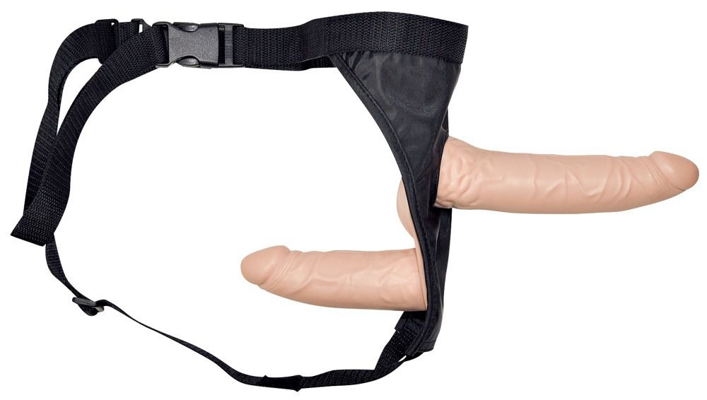Телесный страпон с вагинальной пробкой Double Dong Strap-On - 19 см. от Orion