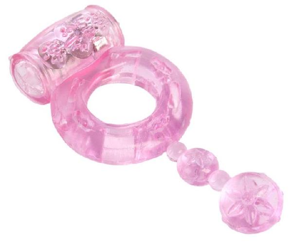Розовое эрекционное кольцо с вибратором и хвостом от ToyFa