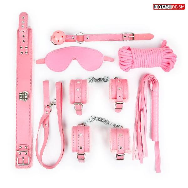Оригинальный розовый набор БДСМ: маска, кляп, верёвка, плётка, ошейник, наручники, оковы от Bior toys