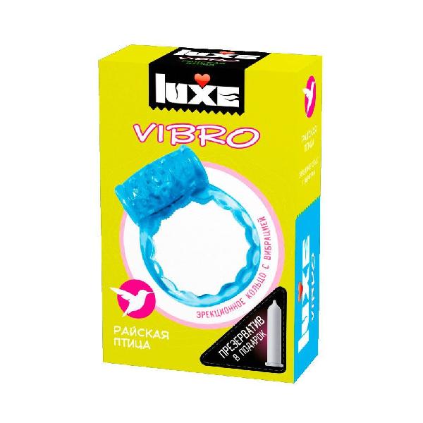 Голубое эрекционное виброкольцо Luxe VIBRO  Райская птица  + презерватив от Luxe
