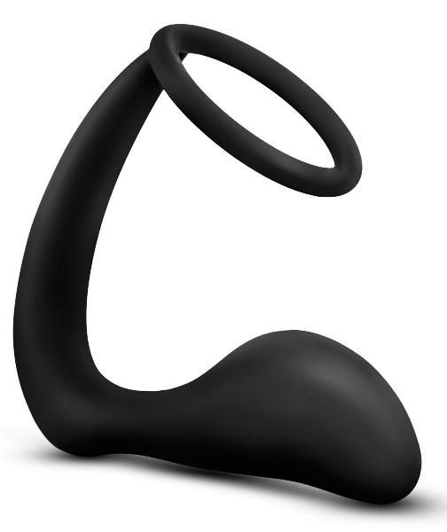 Черное эрекционное кольцо с анальным стимулятором Platinum Cock Ring Plug от Blush Novelties