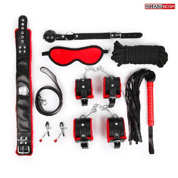 Стильный черно-красный набор БДСМ: маска, кляп, зажимы, плётка, ошейник, наручники, оковы, верёвка от Bior toys