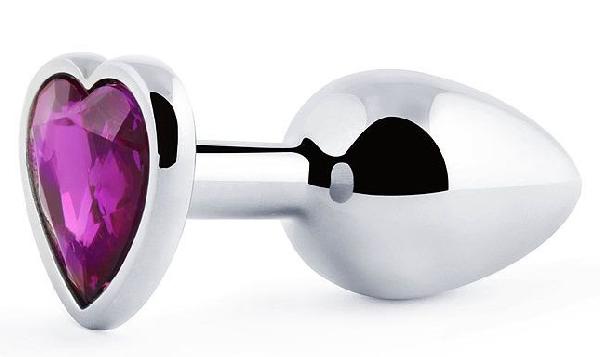 Серебристая анальная пробка с фиолетовым кристаллом-сердечком - 8 см. от Anal Jewelry Plug