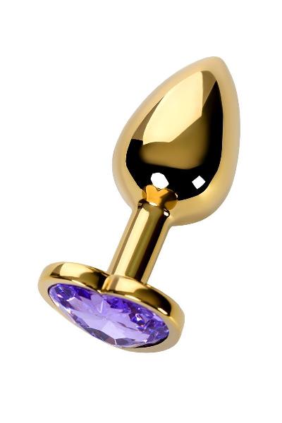 Золотистая анальная втулка с фиолетовым кристаллом-сердечком - 7 см. от ToyFa
