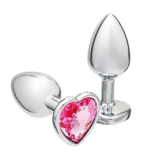 Серебристая анальная пробка с розовым кристаллом в форме сердца - 7 см. от Сима-Ленд
