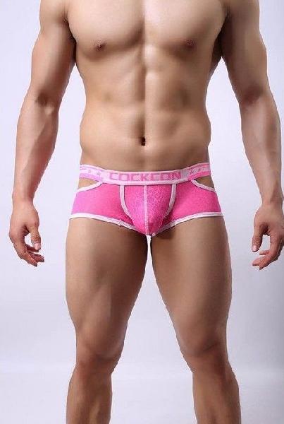Розовые мужские трусы-хипсы Cockon X Lace Boxer с вырезами от Cockcon