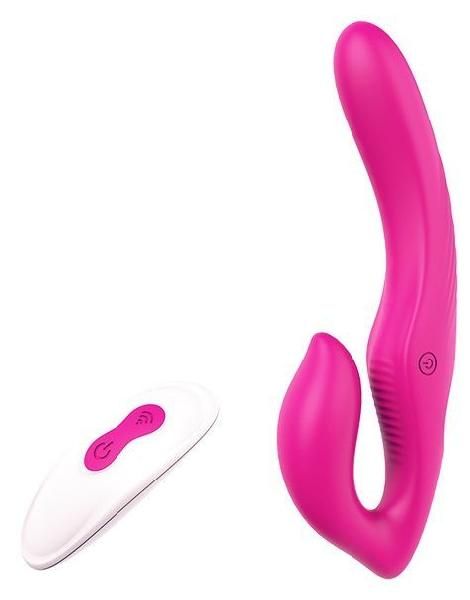 Ярко-розовый безремневой страпон REMOTE DOUBLE DIPPER - 22 см. от Dream Toys