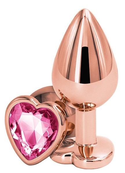 Золотистая анальная втулка с розовым кристаллом в виде сердечка - 7 см. от NS Novelties