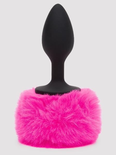 Черная анальная пробка с розовым хвостом Small Bunny Tail Butt Plug от Happy Rabbit