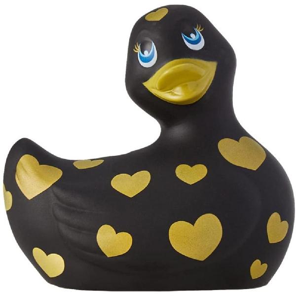 Черный вибратор-уточка I Rub My Duckie 2.0 Romance с золотистым принтом от Big Teaze Toys