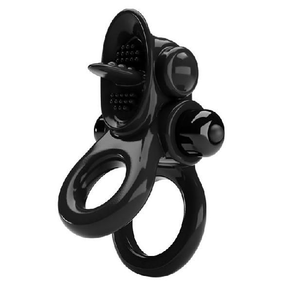 Черное эрекционное кольцо с подхватом мошонки и стимулятором клитора Passionate Ring от Baile