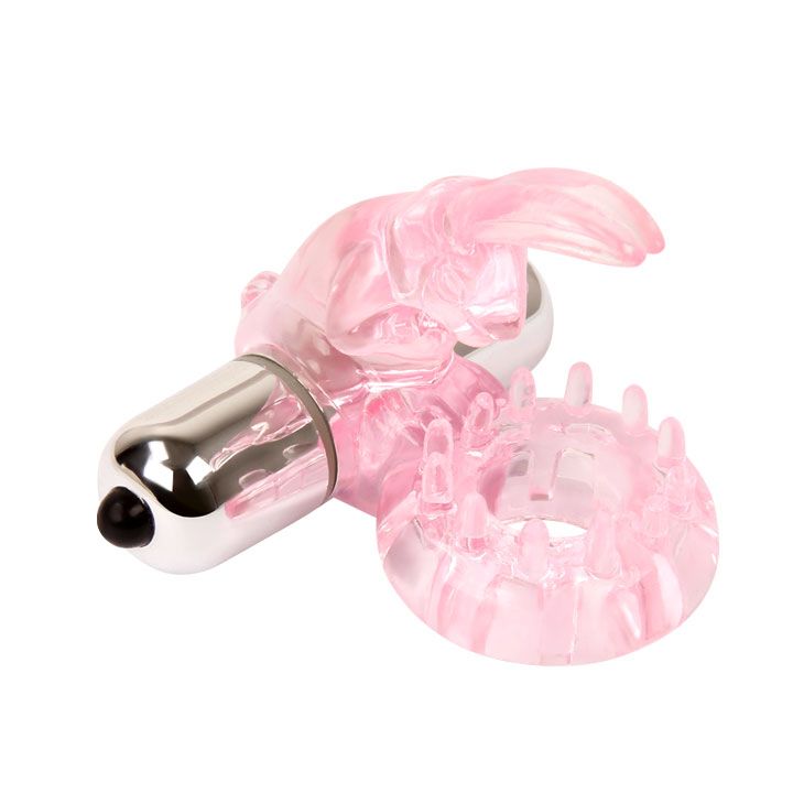 Эрекционное розовое виброкольцо с клиторальным зайчиком от Baile