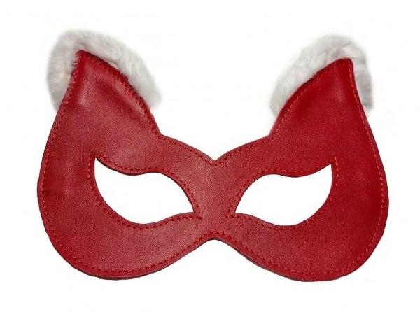 Красная маска из натуральной кожи с белым мехом на ушках от БДСМ Арсенал