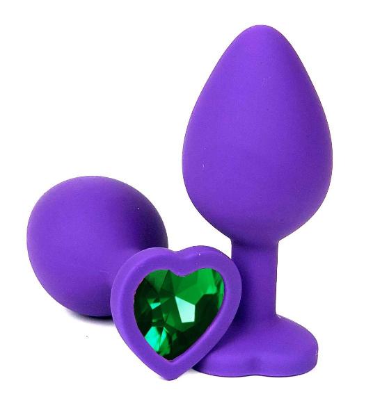 Фиолетовая силиконовая анальная пробка с зеленым стразом-сердцем - 8 см. от Vandersex