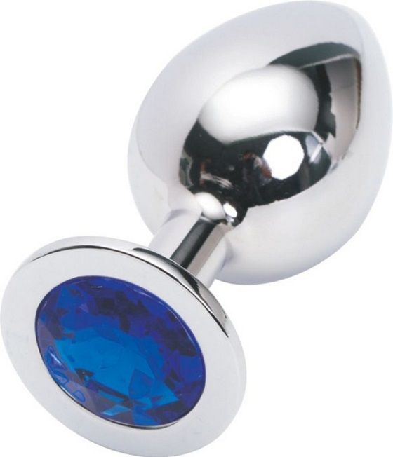 Серебряная металлическая анальная пробка среднего размера с синим стразиком - 8,2 см. от 4sexdreaM