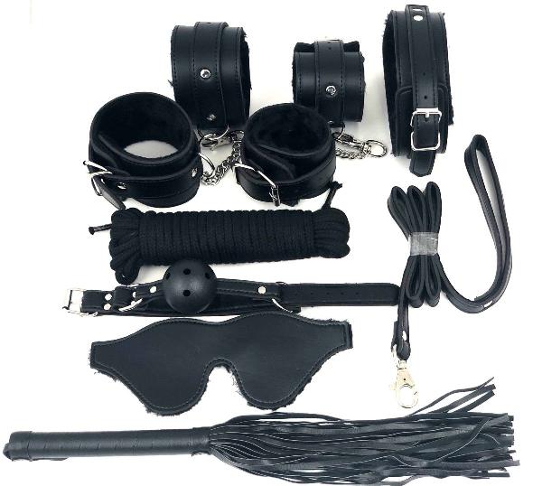 Набор БДСМ в черном цвете: наручники, поножи, кляп, ошейник с поводком, маска, веревка, плеть от Vandersex