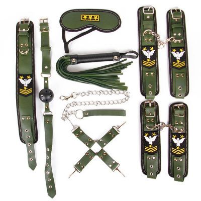 Набор в армейской тематике: наручники, оковы, ошейник с поводком, кляп, маска, плеть, фиксатор от Bior toys