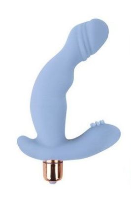 Голубой силиконовый изогнутый вибромассажер с отростком от Bior toys