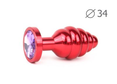 Коническая ребристая красная анальная втулка с сиреневым кристаллом - 8 см. от Anal Jewelry Plug