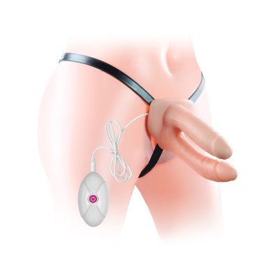 Телесный полый вибрострапон с двумя отростками - 17,7 см. от Lovetoy