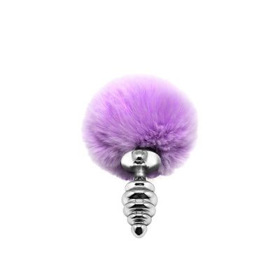 Серебристая анальная пробка с сиреневым помпоном Metal Anal Fluffly Twist Plug S от Adrien Lastic