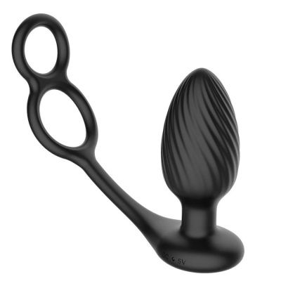 Черная анальная вибровтулка Tornado with Cock   Ball Rings с эрекционными кольцами от Nexus Range