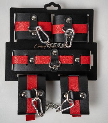 Черно-красный набор фиксаций: наручники, оковы и ошейник от Crazy Handmade