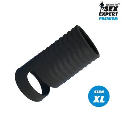 Черная открытая насадка на пенис с кольцом для мошонки XL-size - 8,9 см. от Bior toys