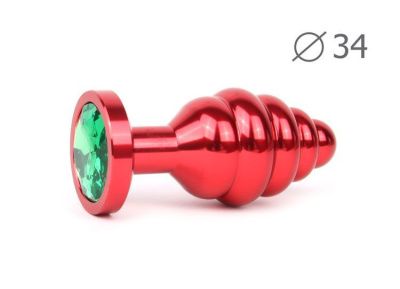 Коническая ребристая красная анальная втулка с зеленым кристаллом - 8 см. от Anal Jewelry Plug