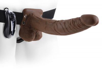 Коричневый фаллопротез с вибрацией 9  Vibrating Hollow Strap-On with Balls - 24 см. от Pipedream