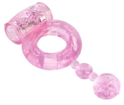 Розовое эрекционное кольцо с вибратором и хвостом от ToyFa