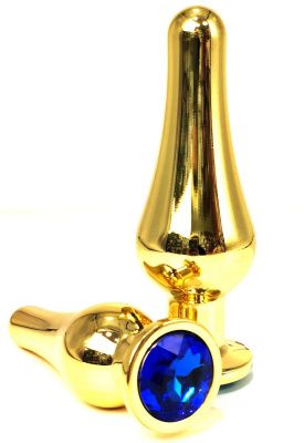 Золотистая удлиненная анальная пробка с синим кристаллом - 10 см. от Vandersex