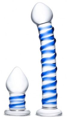 Набор из 2 стеклянных игрушек с синей спиралью Swirly Dildo   Buttplug Set от Glas