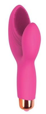 Розовый силиконовый вибромассажер с округлым клиторальным отростком от Bior toys