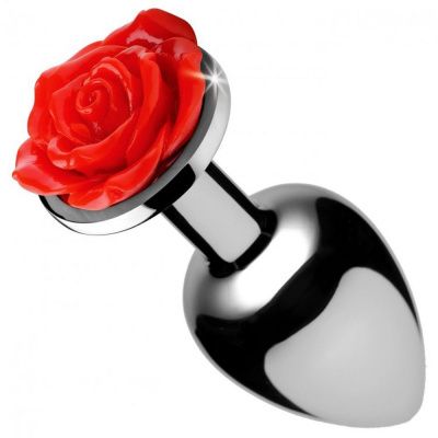 Серебристая анальная пробка с розой Red Rose Butt Plug - 8 см. от XR Brands