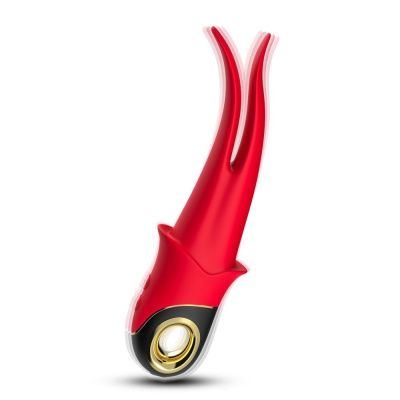 Красный стимулятор эрогенных зон с раздвоенным концом - 23,5 см. от Silicone Toys