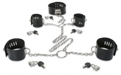 Набор для фиксации: наручники, оковы и ошейник, соединённые цепями и кольцами от Пикантные штучки
