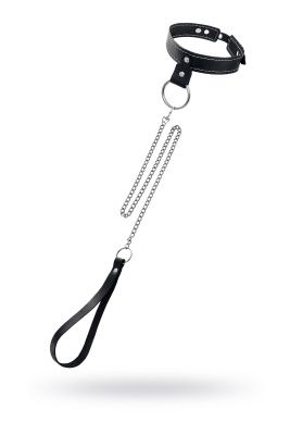 Черный узкий однослойный ошейник с серебристым поводком-цепочкой от Pecado