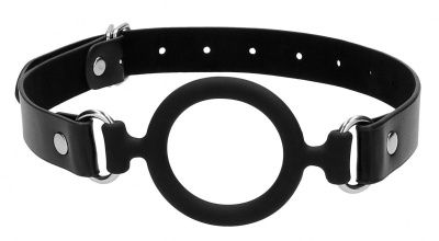 Черный кляп-кольцо с кожаными ремешками  Silicone Ring Gag with Leather Straps от Shots Media BV