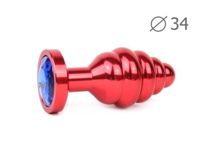 Коническая ребристая красная анальная втулка с синим кристаллом - 8 см. от Anal Jewelry Plug