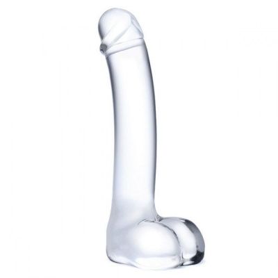 Прозрачный стеклянный фаллос с мошонкой Curved G-Spot - 18 см. от Glas
