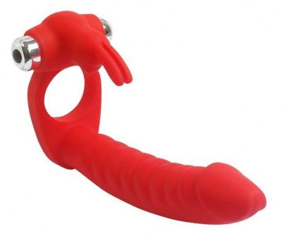 Красная вибронасадка Double Penetration Real с клиторальным зайчиком от Vandersex