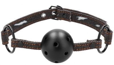 Кляп-шарик With Roughend Denim Straps с черными джинсовыми ремешками от Shots Media BV