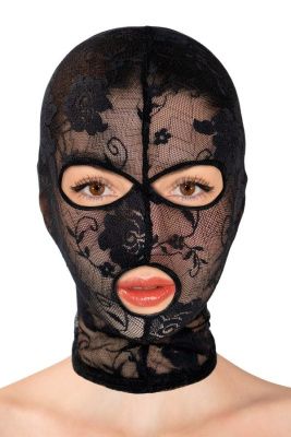 Черная кружевная маска на голову с отверстиями для глаз и рта от Fetish Tentation