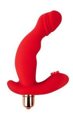 Красный силиконовый изогнутый вибромассажер с отростком от Bior toys