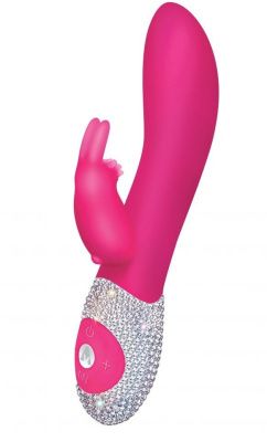 Ярко-розовый вибромассажёр с клиторальным отростком и отделанной стразами рукоятью The Classic Rabbit - 22 см. от The Rabbit Company