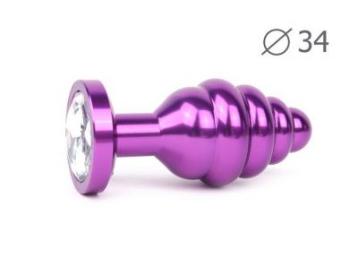 Коническая ребристая фиолетовая анальная втулка с прозрачным кристаллом - 8 см. от Anal Jewelry Plug