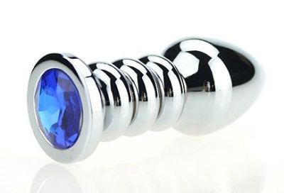 Серебристая фигурная анальная пробка с синим кристаллом - 10,3 см. от 4sexdreaM