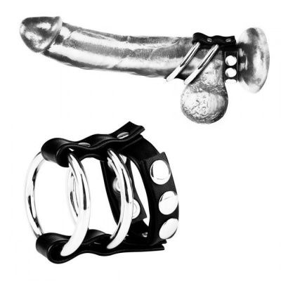 Двойное металлическое кольцо на пенис с регулируемым ремешком от BlueLine