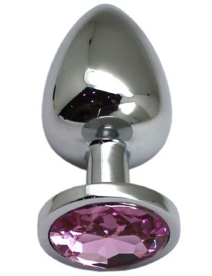 Серебристая анальная пробка с розовым кристаллом - 9 см. от Eroticon